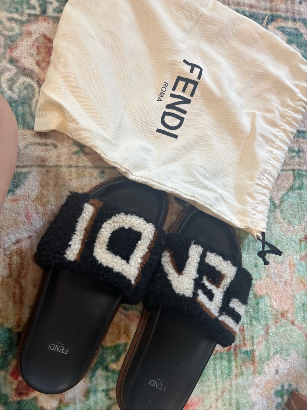 Fendi Black Brown White Logo Shearling Slide Sandals